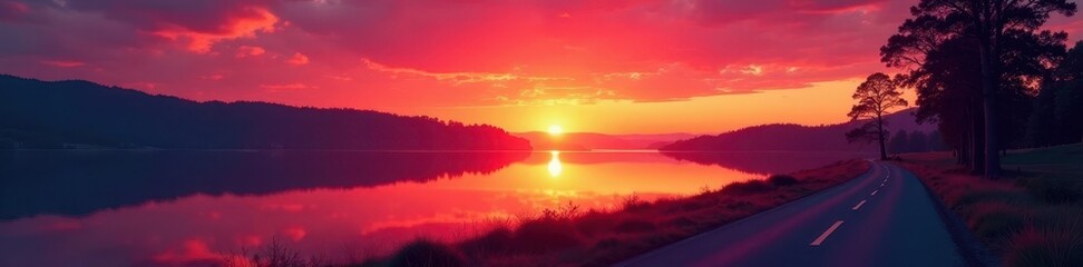 Wall Mural - crimson sunset paints lake and road, silhouettes of trees, dramatic, beautiful