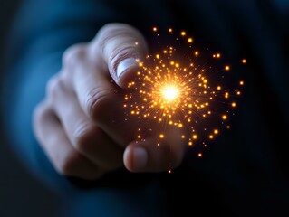 Poster - Male hand holding glowing magical light sphere with sparkling particles against dark background, representing innovation and creative energy concept.
