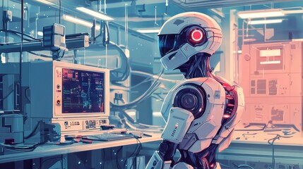Poster - A robot is standing in front of a computer monitor