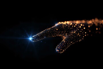 Poster - Magical glowing hand silhouette formed by golden particles and light effects reaching towards bright star on dark background, spiritual concept.
