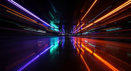 Poster - Abstract Light Trails:  A mesmerizing abstract composition featuring dynamic, multicolored light trails streaking through a dark tunnel, creating a sense of motion, energy, and mystery.