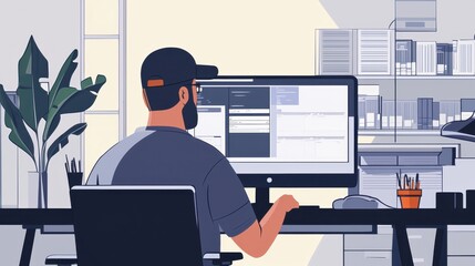 Poster - A man is sitting at a desk with a computer monitor in front of him