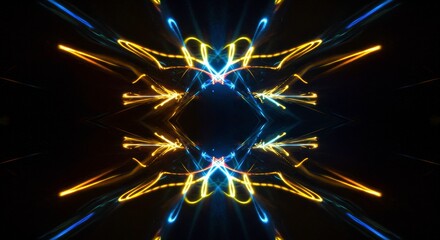 Poster - Abstract Light Trails: A mesmerizing kaleidoscope of vibrant blue and gold light trails creates a symmetrical, abstract pattern against a deep black background.