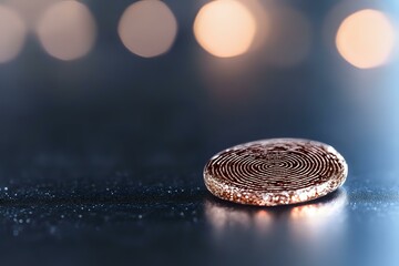 Poster - Cryptocurrency coin on dark surface with bokeh lights background, macro shot showing detailed texture and metallic reflection in warm golden tones.