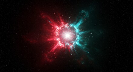 Poster - Cosmic Collision: A mesmerizing abstract image depicting a vibrant collision of red and teal energy, creating a dazzling display of light and cosmic power in the inky blackness of space.