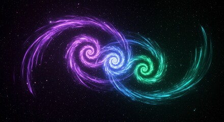 Poster - Cosmic Dance of Nebulae: Two vibrant nebulae intertwine in a mesmerizing cosmic dance, their swirling spirals emitting ethereal purple, teal, and pink hues against a backdrop of deep space.  