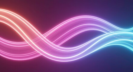 Aufkleber - Abstract Neon Waves: Two vibrant neon lines, one pink and one blue, intertwine and dance in a mesmerizing abstract pattern, glowing against a deep purple background.  
