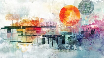 Poster - Bright hues blend together to create an abstract landscape featuring geometric patterns and organic shapes. The atmosphere conveys a sense of tranquility and inspiration