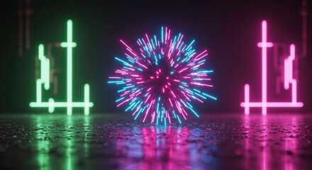 Poster - Neon Burst:  A vibrant, stylized explosion of pink and blue neon light bursts forth, framed by glowing green neon structures reflecting on a wet surface, creating a futuristic and energetic scene. 
