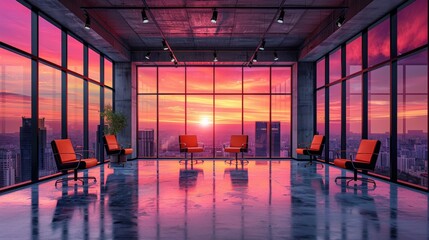 Poster - Futuristic co-working lounge with glass walls, panoramic city views, and vibrant sunset lighting, combining modern design with an inspiring for collaborative innovation and productivity.