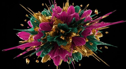 Poster - Abstract Explosion of Color: A vibrant abstract explosion of gold, green and pink paint on a black background. The dynamic forms and splatter effect creates a sense of movement and energy.