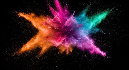 Rainbow Color Powder Explosion: A vibrant explosion of multicolored powder bursts against a black background, creating a dynamic and artistic visual spectacle. The colors are rich and intense.