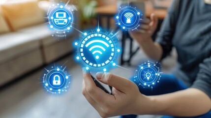 Poster - User interacting with smart home controls through digital interface. Futuristic technology features secure automation systems wireless connectivity for efficient and intelligent home management.