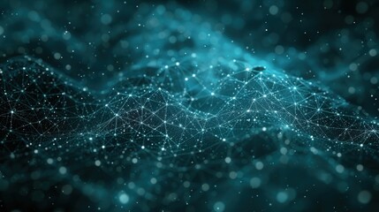 Poster - Abstract digital network visualization with interconnected dots and lines forming complex patterns on a teal background, symbolizing data flow, connectivity, advanced computational systems.