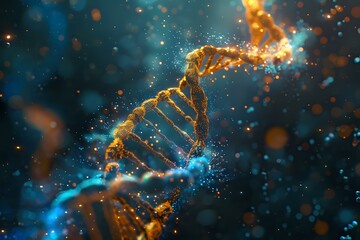 Poster - Glowing DNA helix structure in orange and blue colors with sparkles and particles floating in dark space, molecular biology science concept for genetics research.