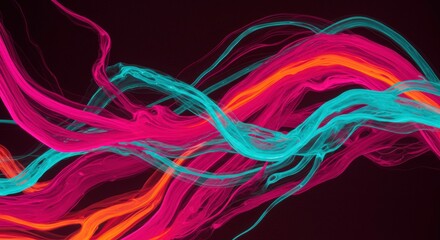 Poster - Abstract Flow of Color: Vibrant streaks of turquoise, fuchsia, and orange paint dance across a dark background in a mesmerizing, abstract display of fluid motion.