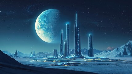 Wall Mural - A blue planet with a large moon and a city in the distance