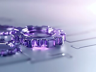 Poster - Purple metallic gear mechanism on light surface with soft focus and reflections, modern industrial engineering concept for technology backgrounds.