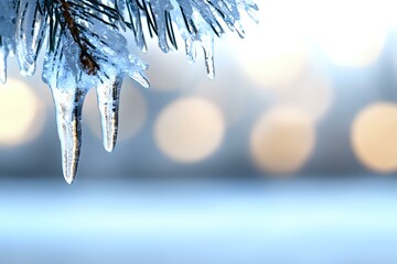 Poster - Glistening icicles hanging from snow-covered pine branches against soft bokeh background create serene winter atmosphere in cool blue tones.