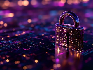 Poster - Metal padlock on computer keyboard with purple and pink bokeh lights, representing cybersecurity, data protection and digital privacy in modern technology.