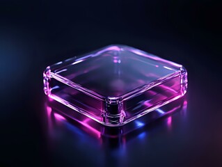 Poster - Glowing transparent glass square container with pink and blue neon lighting effects against dark background, modern minimalist design for technology concept.