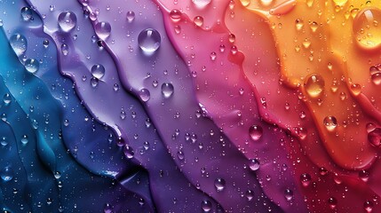 Poster - Colorful rainbow gradient background with water drops and condensation creating abstract pattern. Macro photography of liquid droplets on smooth surface.
