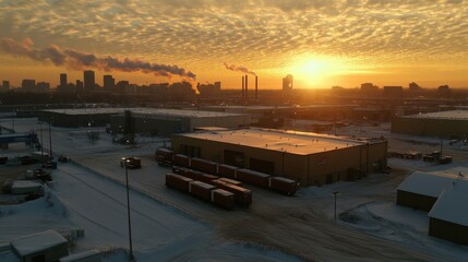 Wall Mural - Sunset over a snowy industrial area with smoke stacks and trucks, showcasing winter's impact