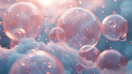 Poster - Dreamy soap bubbles floating in pink and blue atmosphere with bokeh light effects and sparkles creating magical ethereal background for design projects.