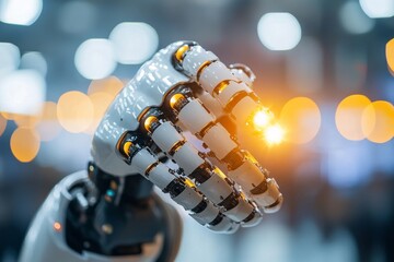 Poster - Advanced robotic hand showcasing intricate design and technology at an exhibition event in a modern setting