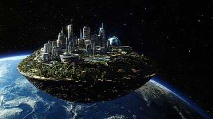 Wall Mural - A city is floating in space above the Earth