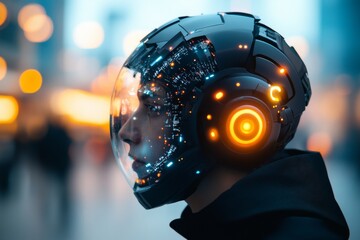 Poster - Futuristic helmet design showcases advanced technology in a bustling urban setting at twilight