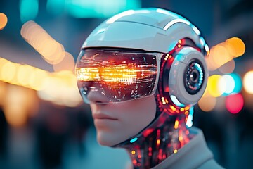 Poster - Futuristic robotic figure with glowing visor in a vibrant urban setting at night showcasing advanced technology