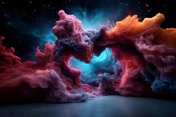 Poster - Vibrant cosmic clouds illuminate an ethereal landscape with swirling colors in the night sky