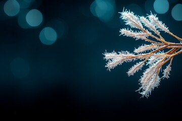 Poster - Frost-covered branch with sparkling ice crystals against a blurred blue background in winter light