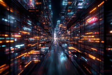 Poster - Vivid abstract representation of a futuristic cityscape with glowing lights at night
