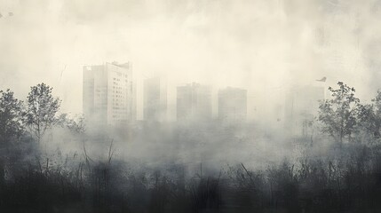 Poster - Atmospheric Urban Skyline Shrouded in Mist and Fog Showcasing Towering Skyscrapers in a Moody Ambiance