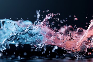 Poster - Water splashes in vivid blue and pink hues creating dynamic shapes against a dark background
