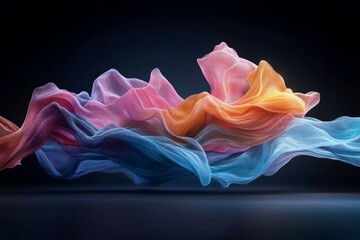Poster - Colorful flowing fabric waves create an abstract display of motion and texture in a dark background setting