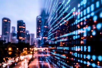 Poster - digital binary code overlay on blurred urban nightscape with glowing skyscrapers and street lights c