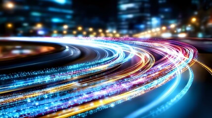 Poster - Long exposure of curved highway at night with colorful light trails creating dynamic motion effect, blue and pink streaks against dark background.