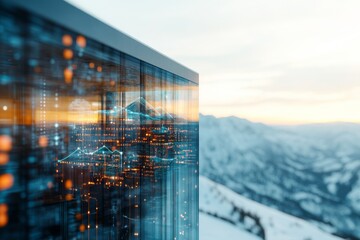 Poster - Digital landscape at sunset with mountain reflection and technology elements in the foreground