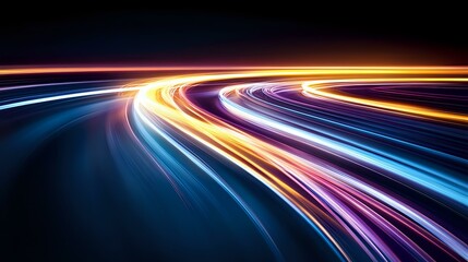 Poster - Colorful light trails curve along dark background creating dynamic motion effect with blue, orange and purple streaks, suggesting speed and technology advancement.