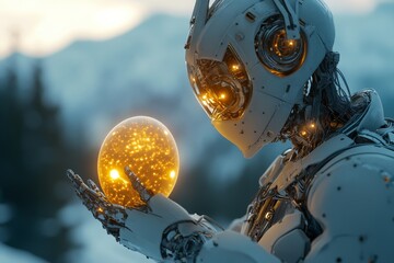 Poster - Robot holds glowing orb in futuristic landscape during sunset while surrounded by mountains