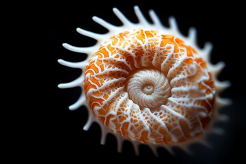 Poster - Close-up view of a vibrant seashell showcasing intricate patterns and textures against a dark background