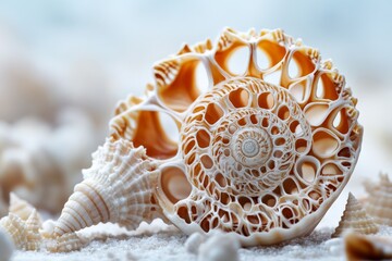 Poster - Detailed close-up of a beautifully intricate seashell against a soft sandy backdrop near the beach at sunrise