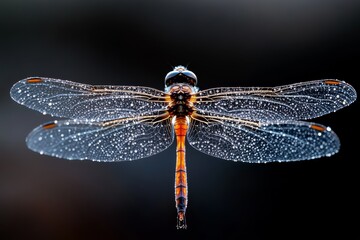 Poster - Dragonfly resting on a leaf covered with droplets in a serene environment at dawn