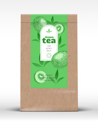 Wall Mural - craft paper bag with fruit and berries tea label. realistic vector pouch packaging design layout. mo