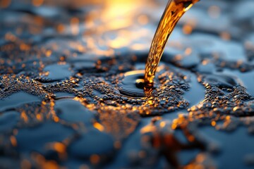 Poster - Flowing liquid creates ripples and bubbles as it illuminates the surface with warm reflections