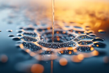 Poster - Water droplets create ripples on a reflective surface during sunset, capturing the moment and colors of nature