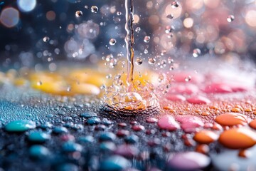 Poster - Colorful droplets dance on a surface as water splashes in close-up during daylight hours
